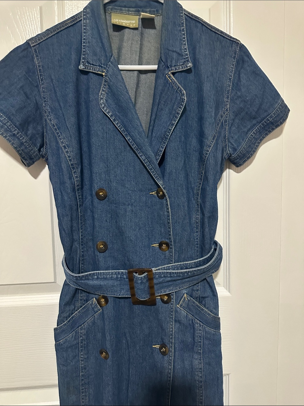 Liz Claiborne Blue Denim Double-Breasted Jumpsuit with Belt - Picture 2 of 3